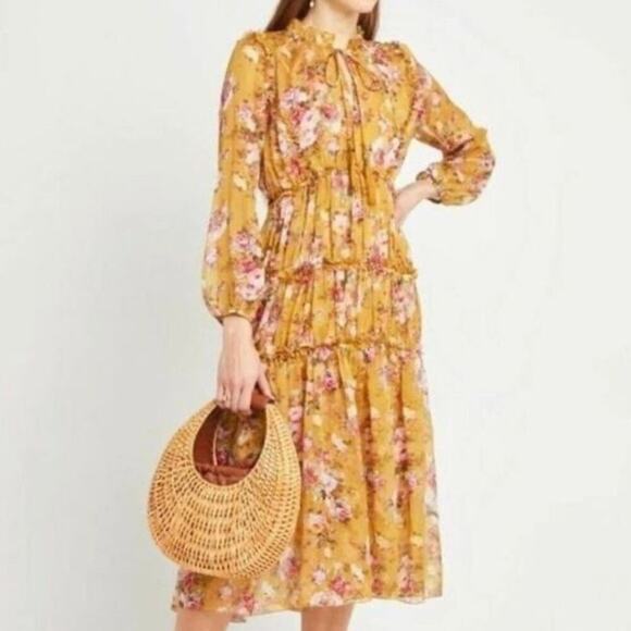 Anthropologie OPT Sheer Tie High Neck Midi Felicity Silk Medium Yellow Floral - Picture 1 of 10